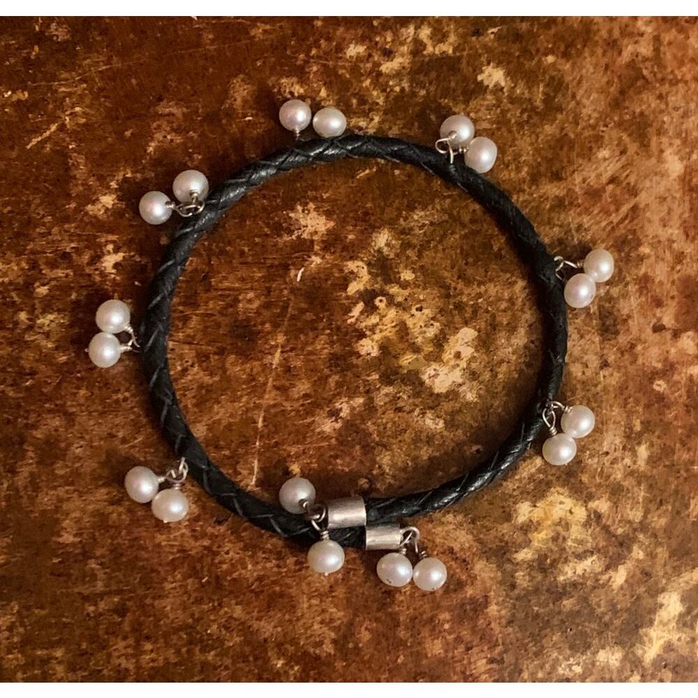 Black Leather, Sterling Silver and Freshwater Pearl Wrap Bracelet